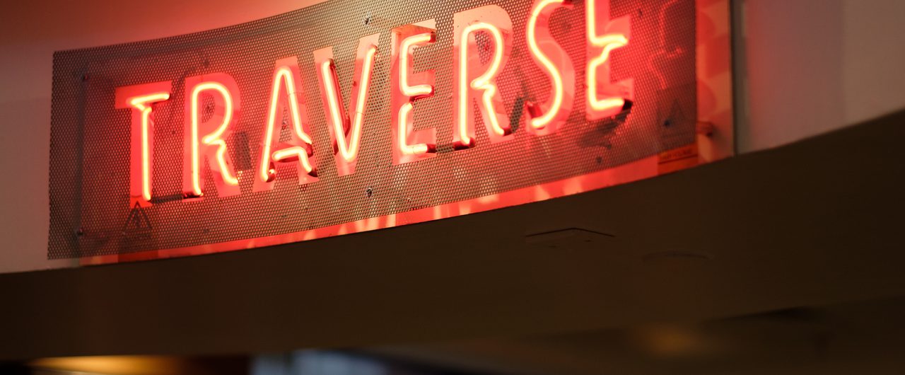 Neon sign, reading 'Traverse'