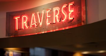 Neon sign, reading 'Traverse'
