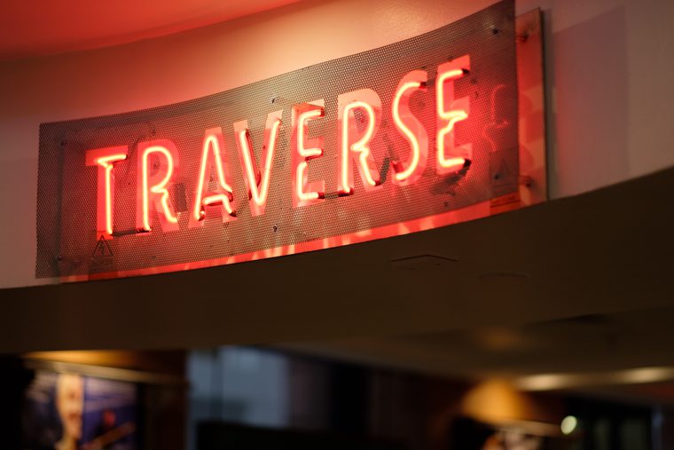 Neon sign, reading 'Traverse'