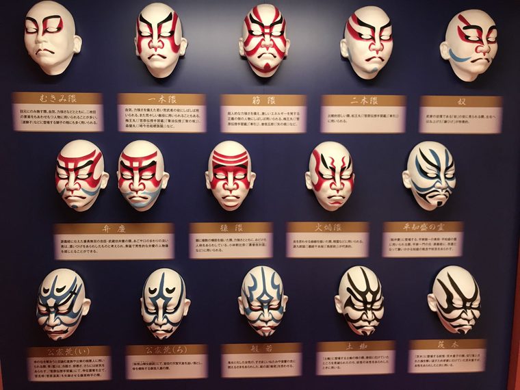A wall display of stern faced white masks. Each is painted with striking red and/or black marks that portray different patterns and emotions. Underneath each mask is an interpretation panel in Japanese.