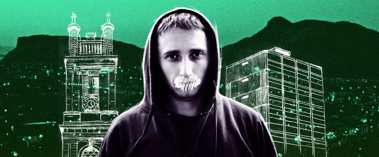 A young man in a hoodie stands in front of Arthur's Seat. His mouth is scribbled out, and images of Edinburgh buildings are drawn on either side of him.