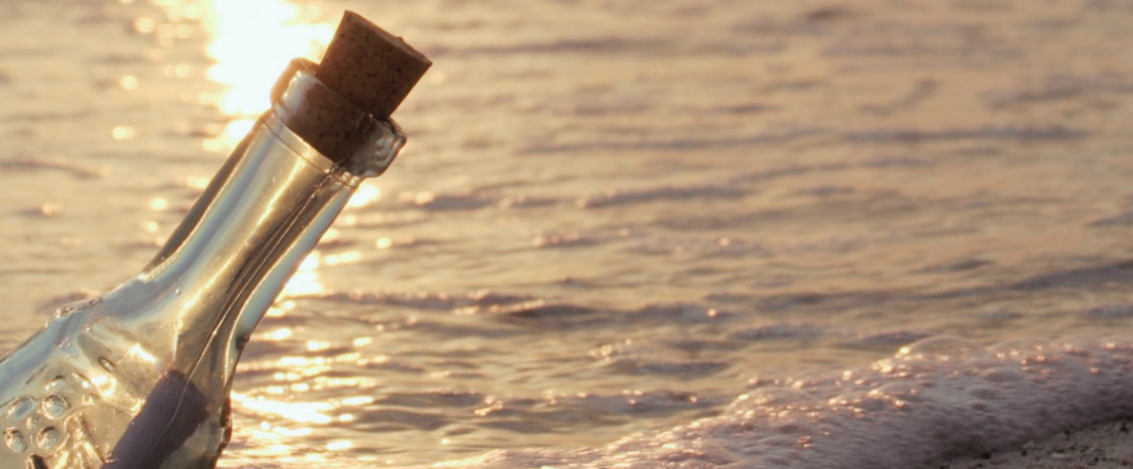 A clear bottle with a rolled up message inside it and a cork top in the foreground with the sea in the background.