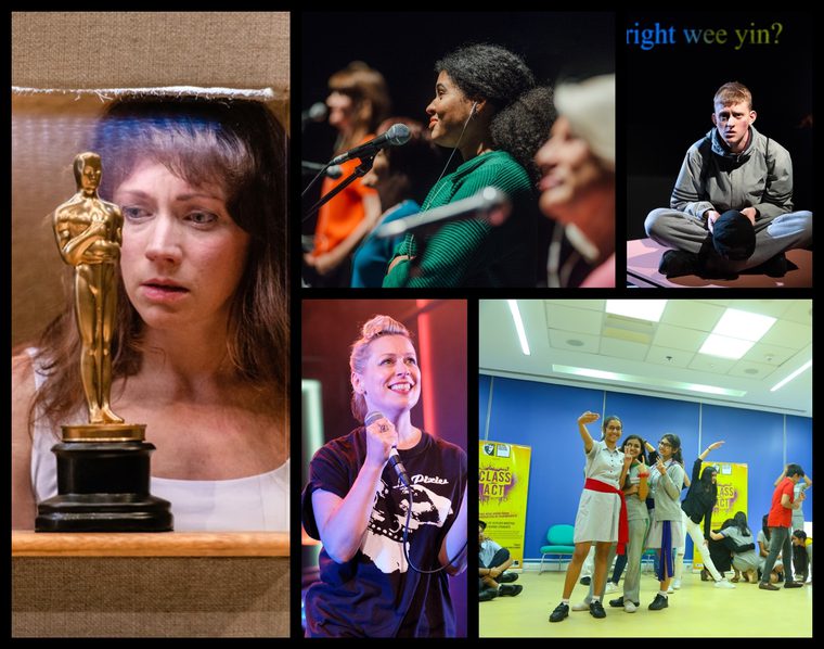 Collage of production images. On the left, a woman stares at an Oscar statue. In the centre top, a line of women stand behind microphones. Below that, a woman sings into a microphone. On the top right of the image a teenage boy wearing a tracksuit sits on a table. Below that, a group of school girls pose for a photo being taken on one of their phones.